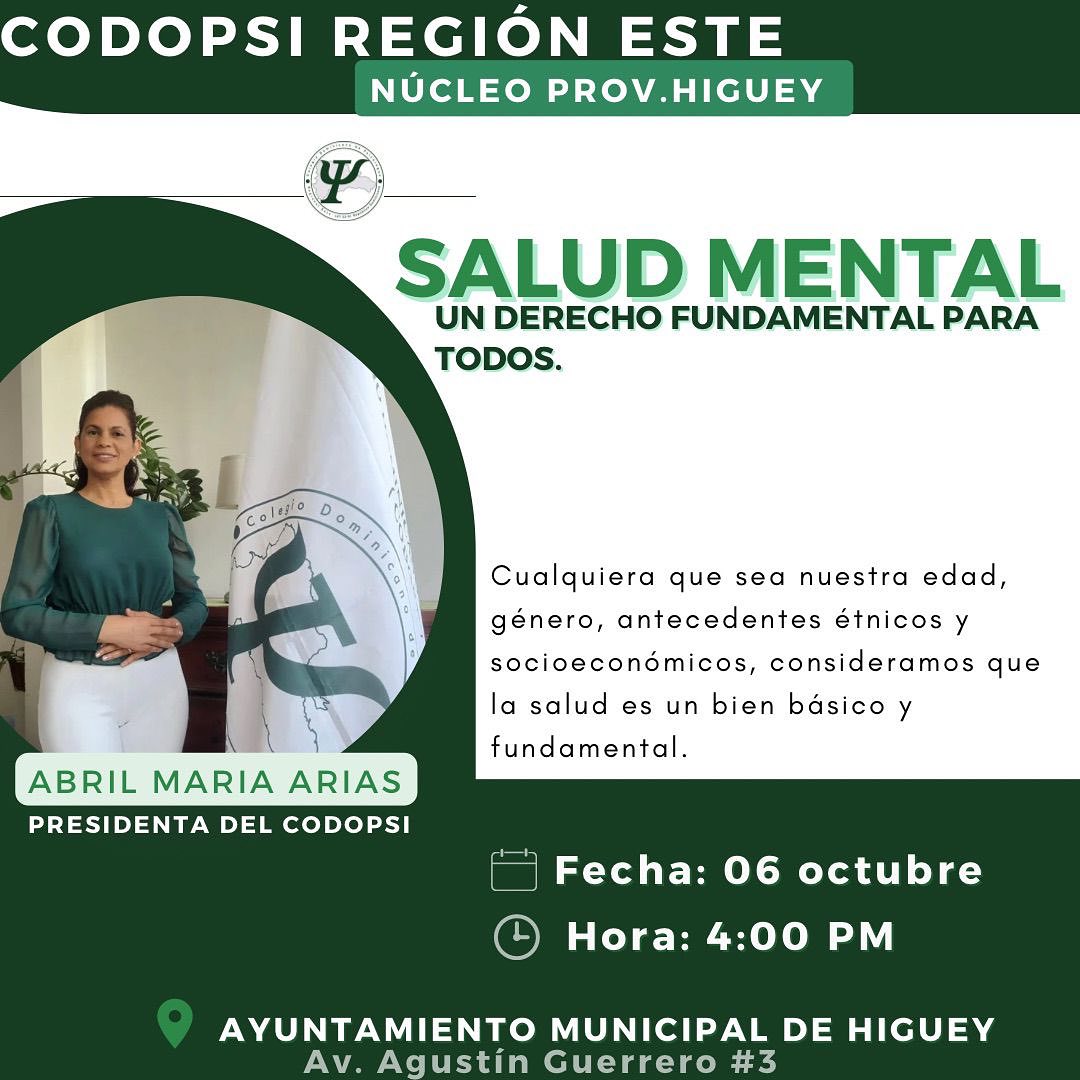 CODOPSI Región Este Invita a Conferencia sobre Salud Mental con la Presidenta Abril Arias en Higüey